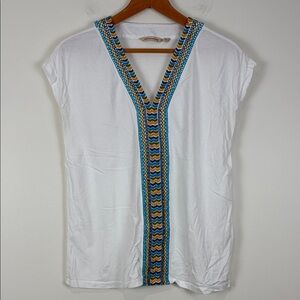 Soft Surroundings Women’s Small White V-Neck Tunic Blue Gold Embroidered Trim